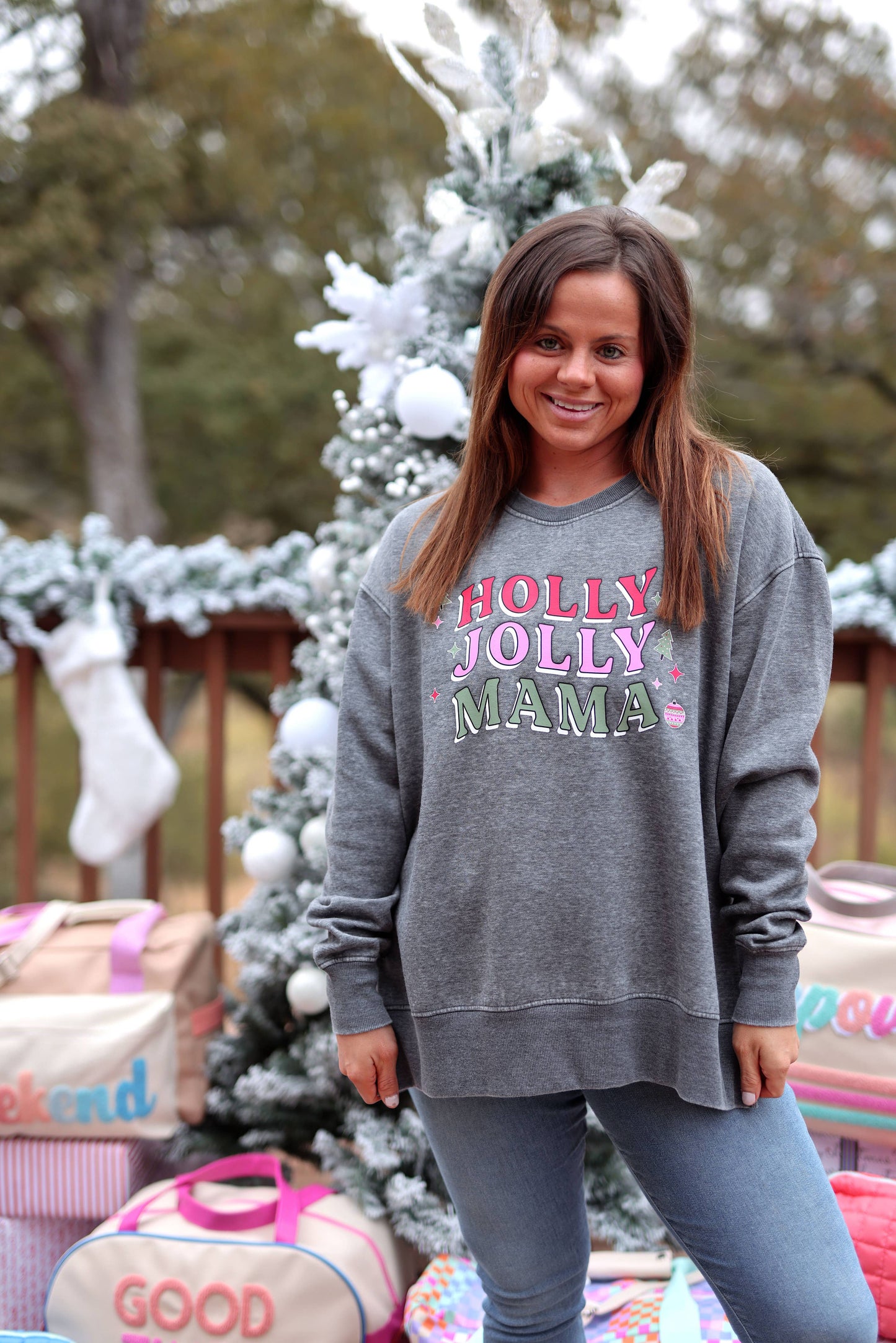 Burnout Sweatshirt - Holly Jolly Mama (Charcoal)