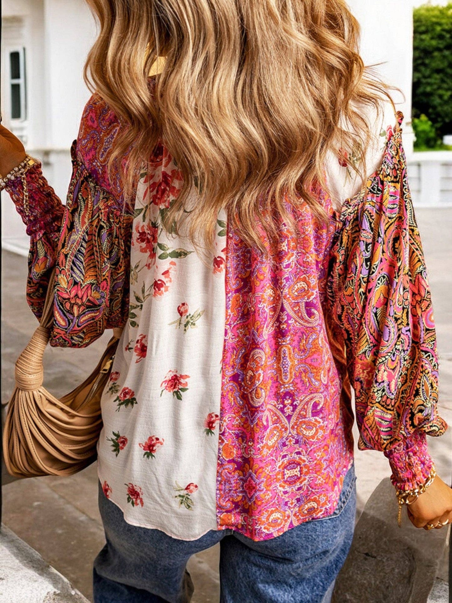 Bohemian Patchwork V-Neck Long Sleeve Blouse