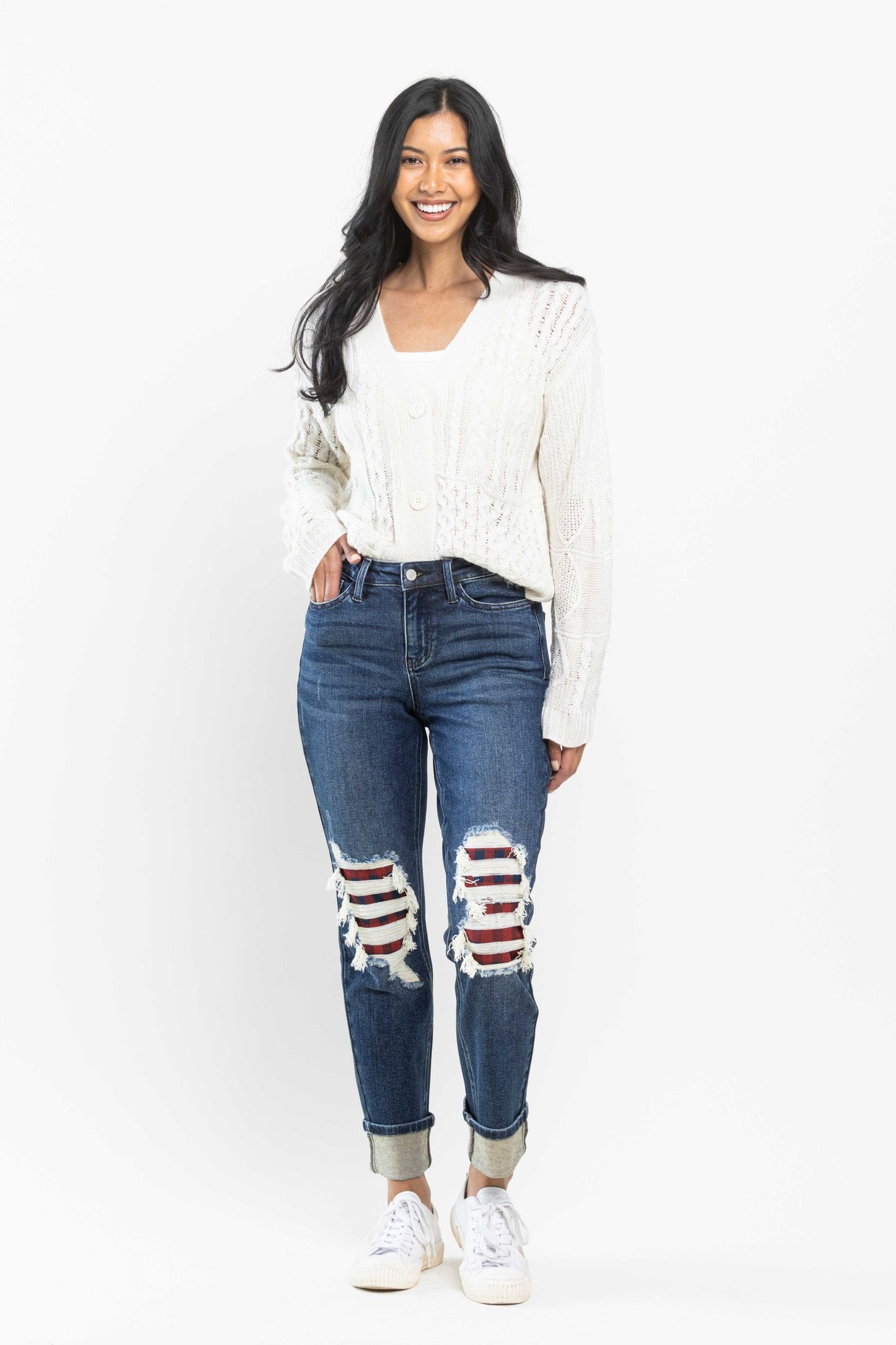 Buffalo Plaid Knee Patch Boyfriend