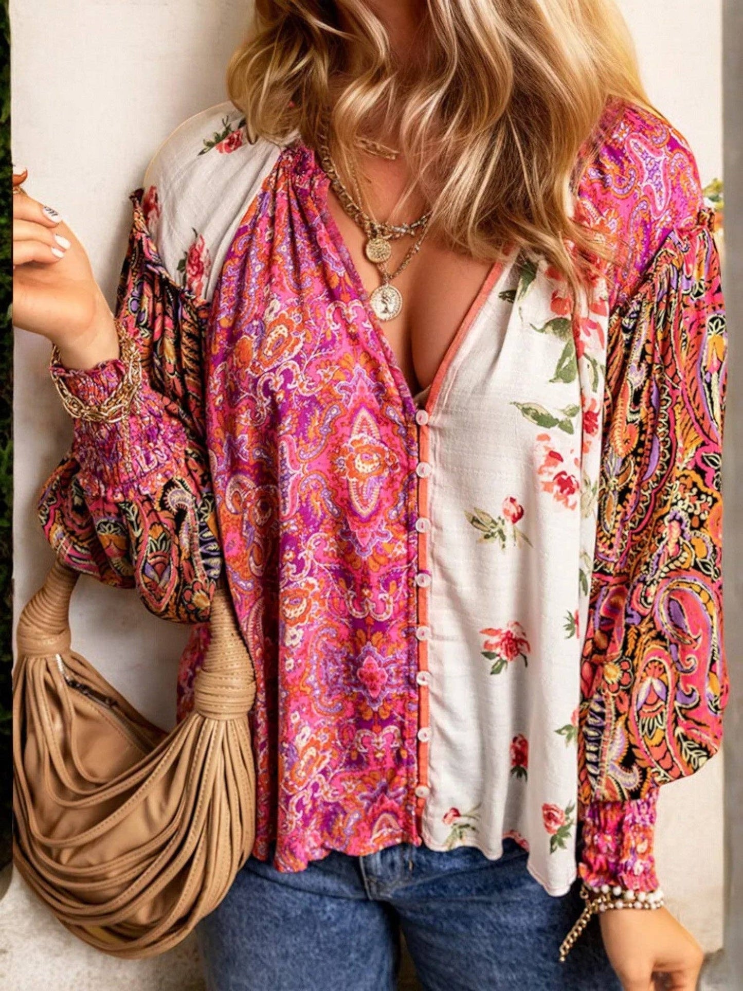 Bohemian Patchwork V-Neck Long Sleeve Blouse