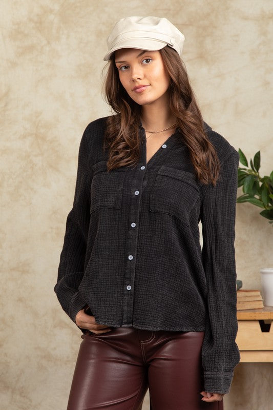 Washed Soft Crinkle Gauze Button Down Shirt Top