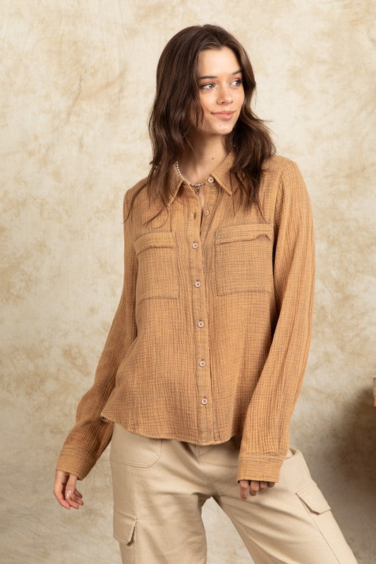 Washed Soft Crinkle Gauze Button Down Shirt Top