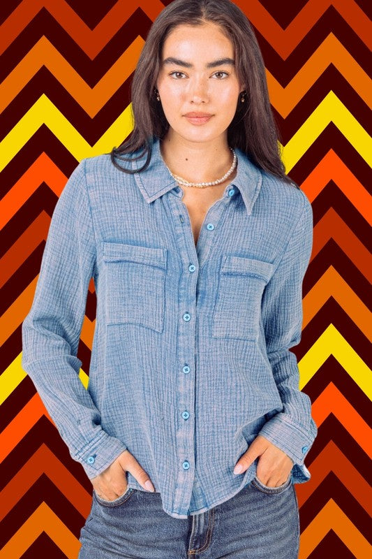 Washed Soft Crinkle Gauze Button Down Shirt Top