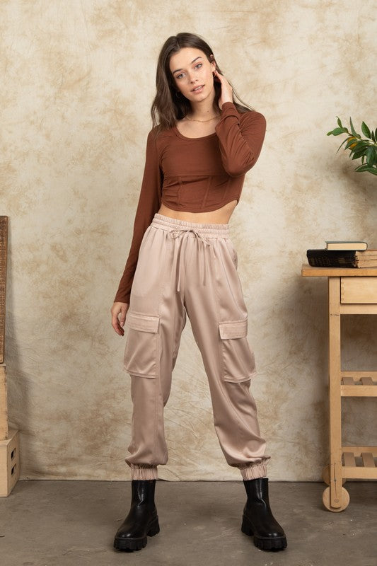 Satin Soft Shiny Cargo Jogger Pants