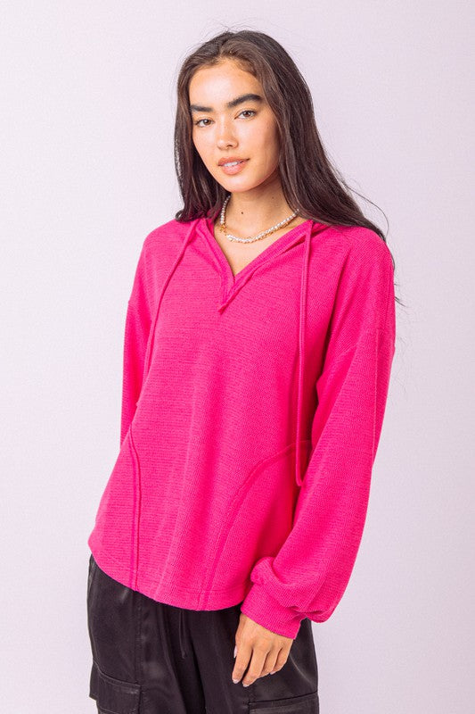 V-neck Puff Sleeve Hooded Knit Top