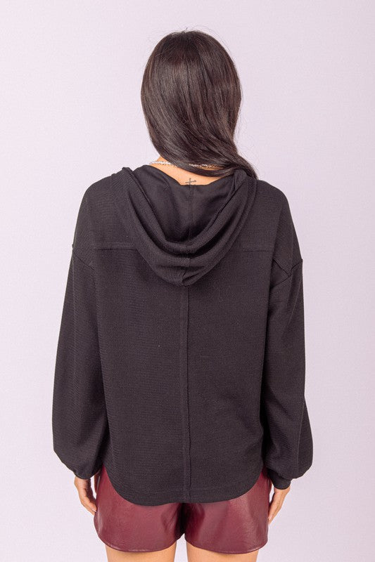 V-neck Puff Sleeve Hooded Knit Top