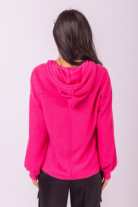 V-neck Puff Sleeve Hooded Knit Top