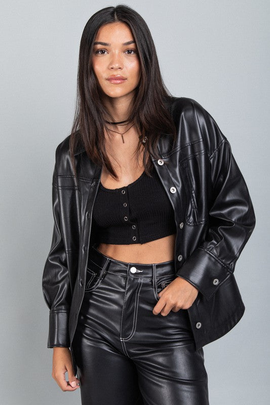 Faux Leather Oversized Casual Shacket Jacket