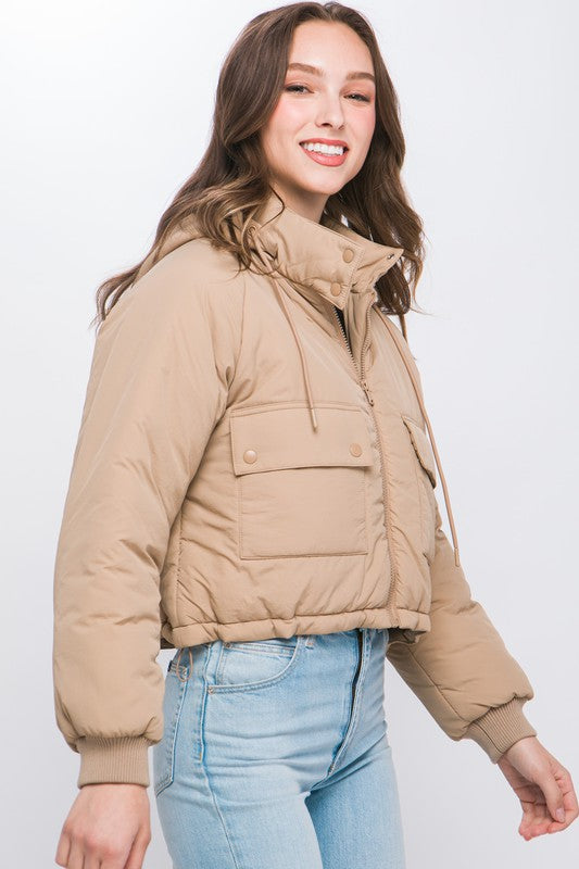 Cropped Zip Up Puffer Jacket with Adjustable Waist