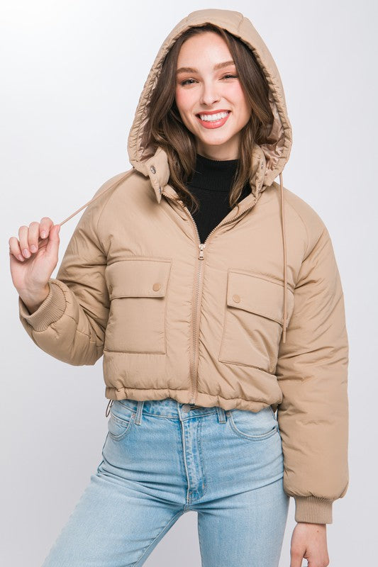 Cropped Zip Up Puffer Jacket with Adjustable Waist