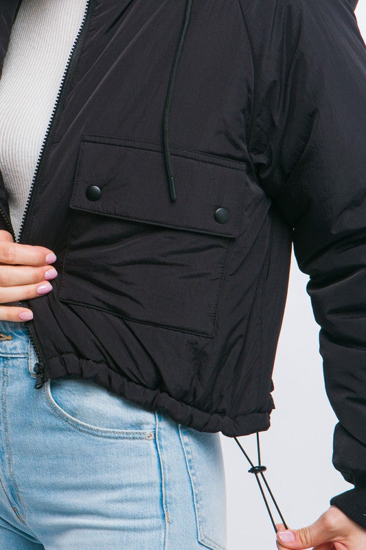 Cropped Zip Up Puffer Jacket with Adjustable Waist