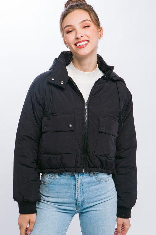 Cropped Zip Up Puffer Jacket with Adjustable Waist