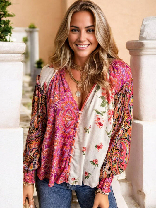 Bohemian Patchwork V-Neck Long Sleeve Blouse