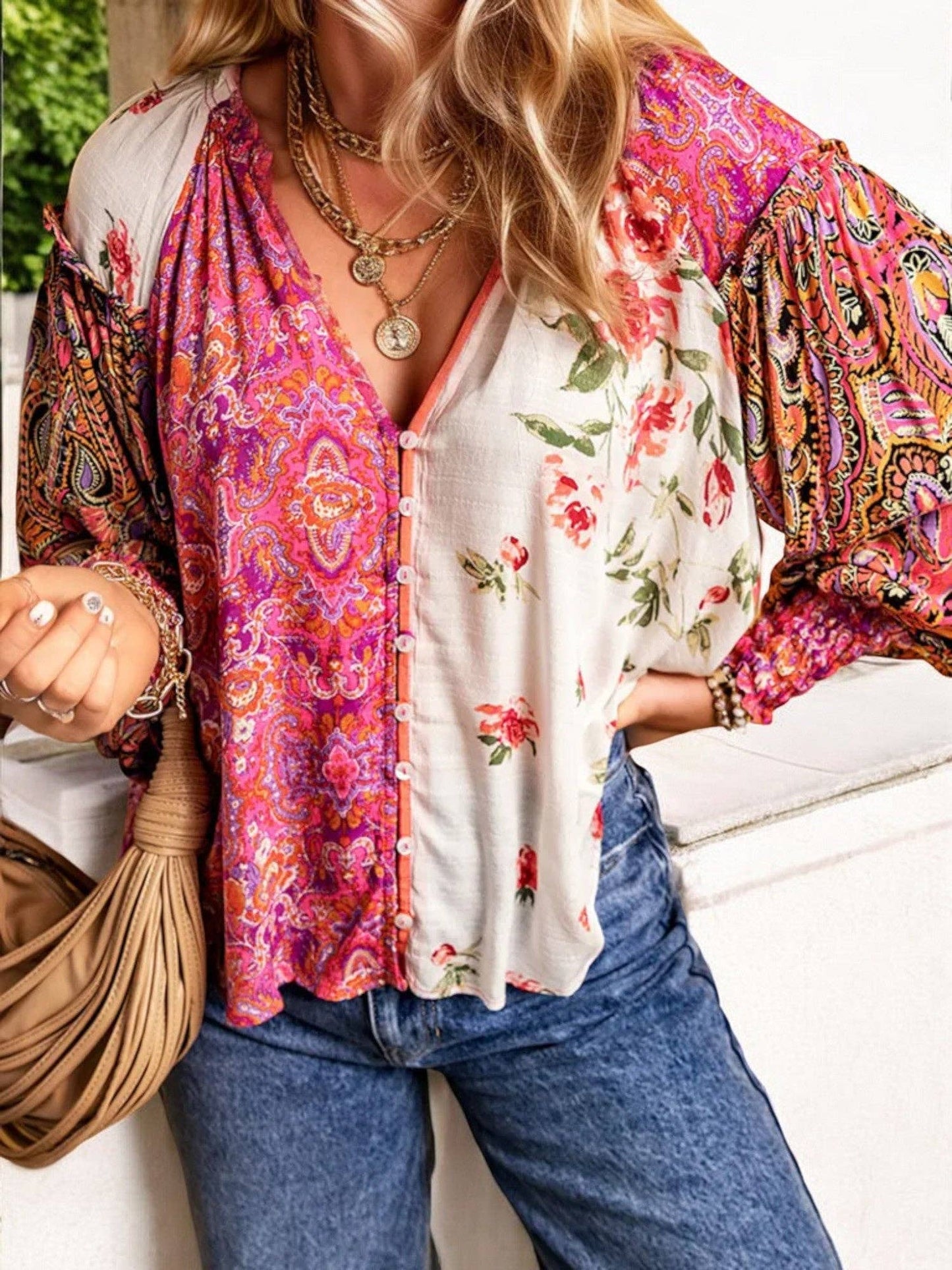 Bohemian Patchwork V-Neck Long Sleeve Blouse