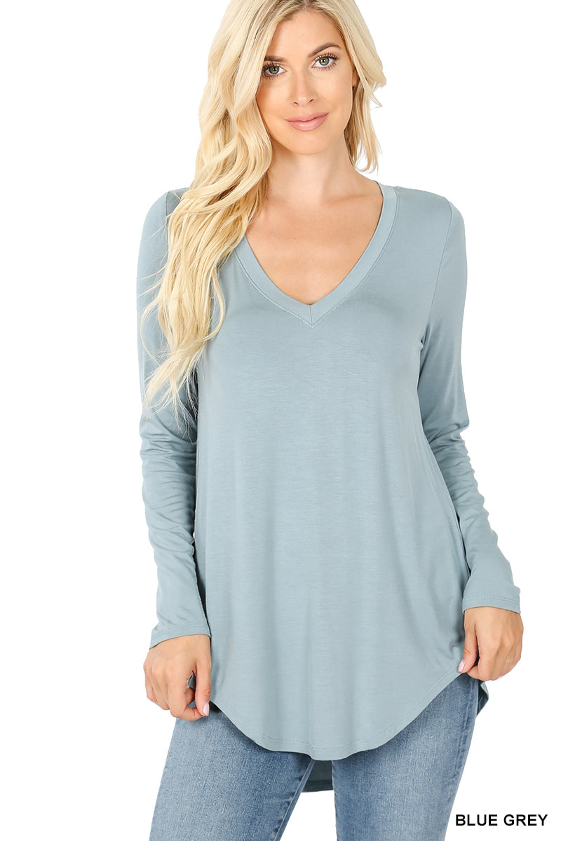 LONG SLEEVE V-NECK DOLPHIN HEM TOP