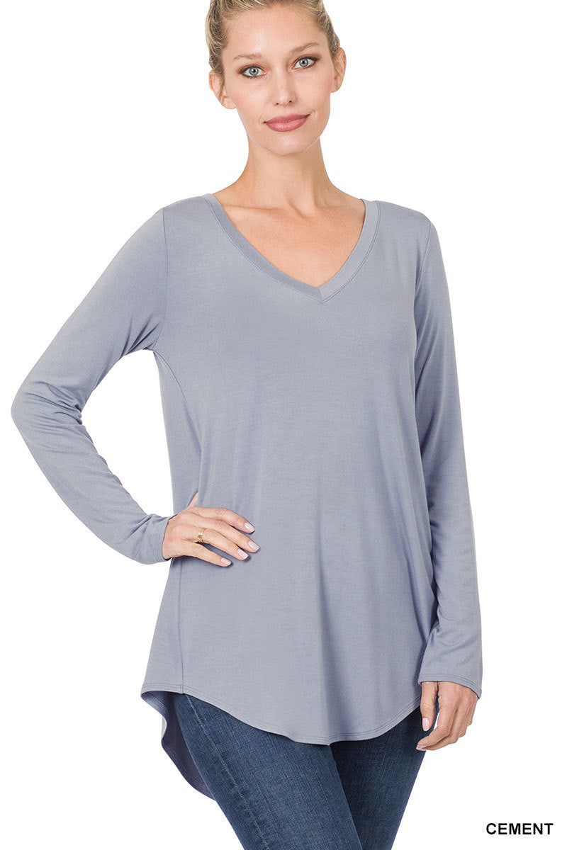 LONG SLEEVE V-NECK DOLPHIN HEM TOP