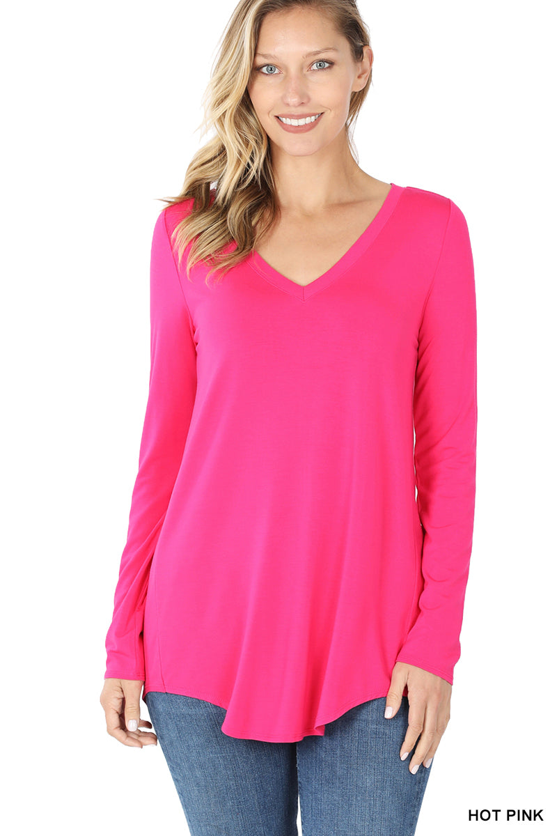 LONG SLEEVE V-NECK DOLPHIN HEM TOP