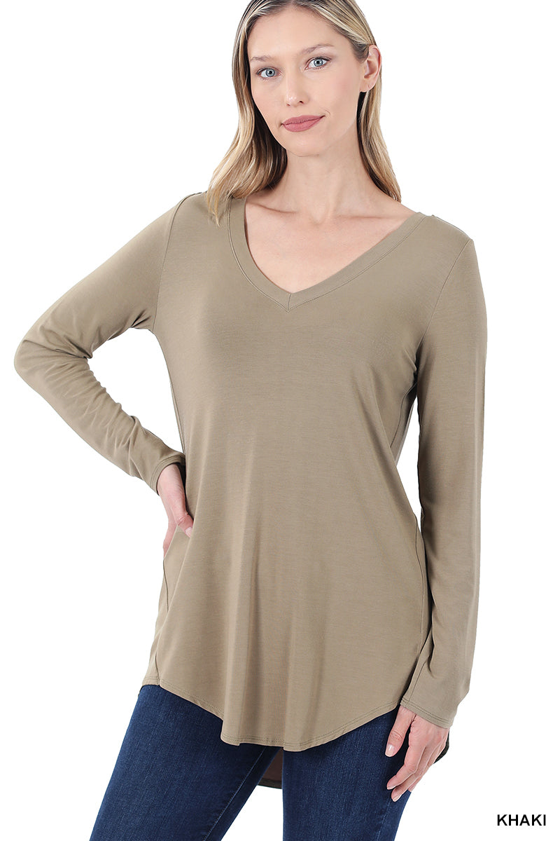 LONG SLEEVE V-NECK DOLPHIN HEM TOP