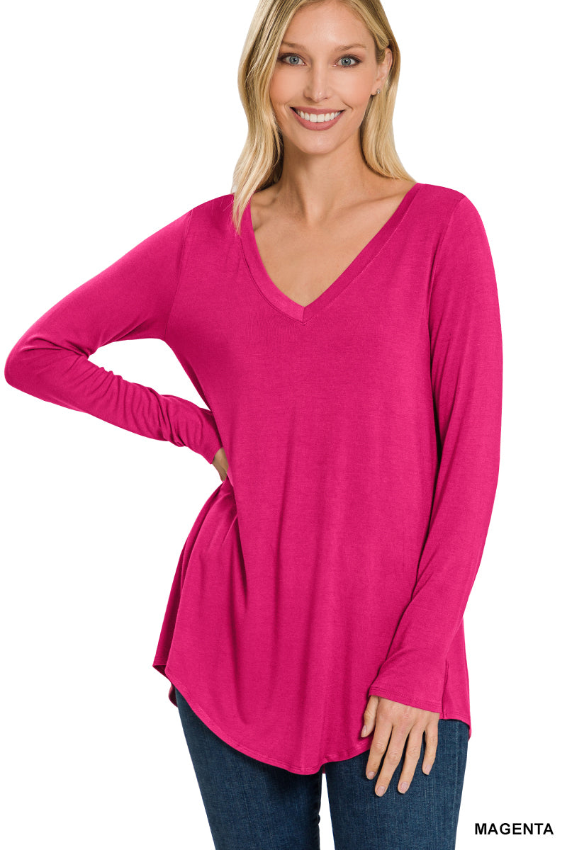 LONG SLEEVE V-NECK DOLPHIN HEM TOP