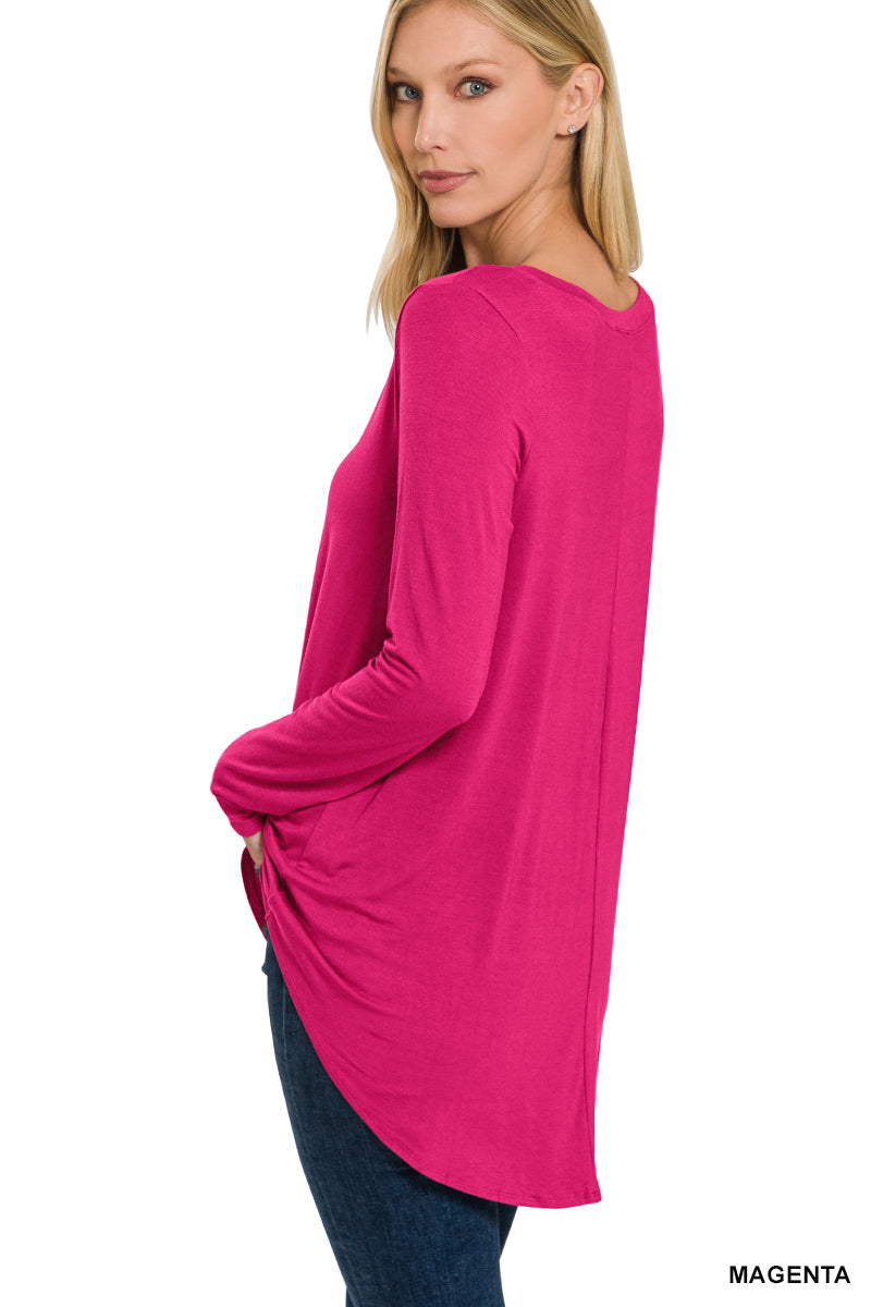 LONG SLEEVE V-NECK DOLPHIN HEM TOP