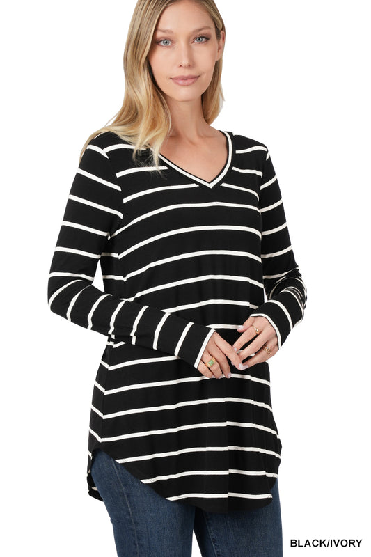 STRIPED V-NECK DOLPHIN HEM TOP