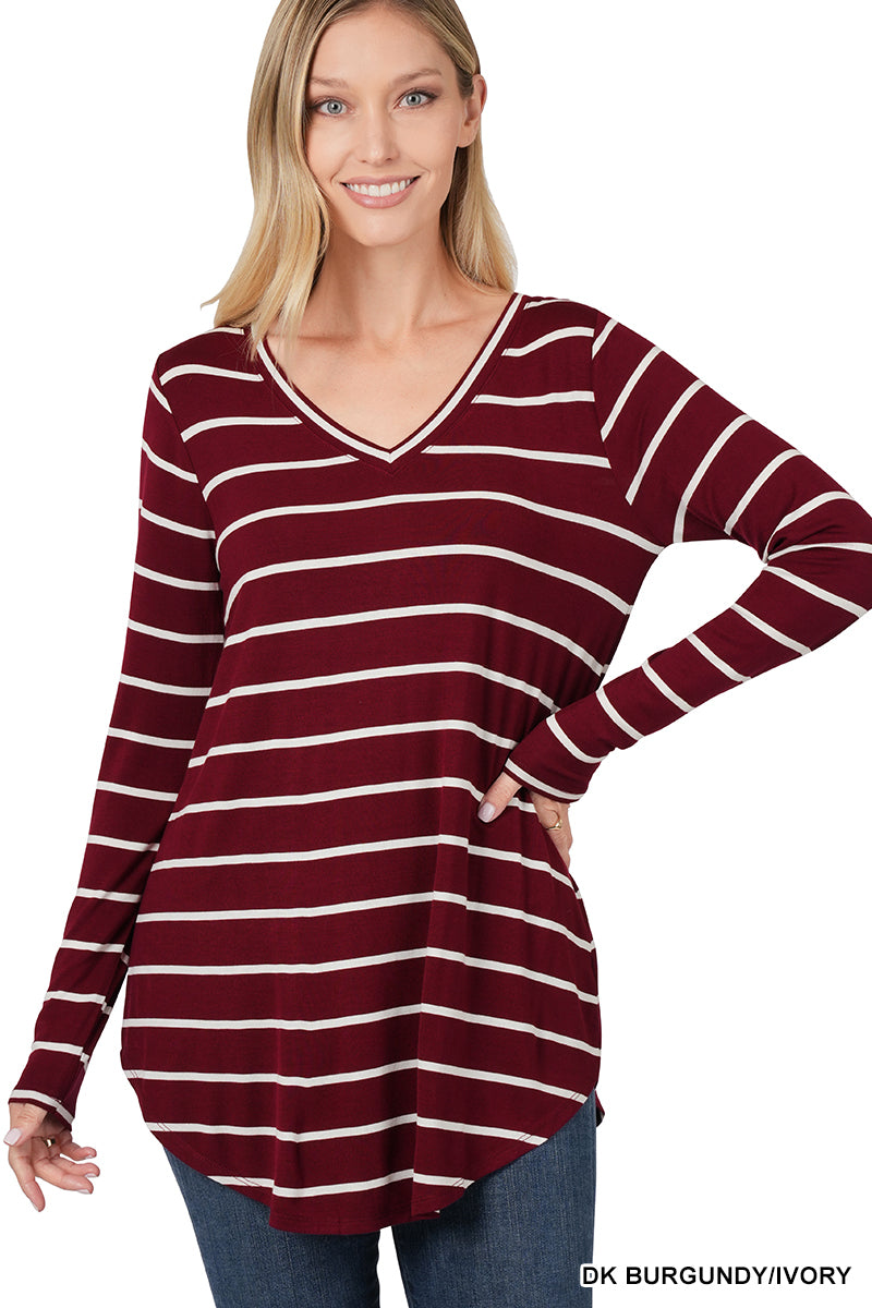 STRIPED V-NECK DOLPHIN HEM TOP