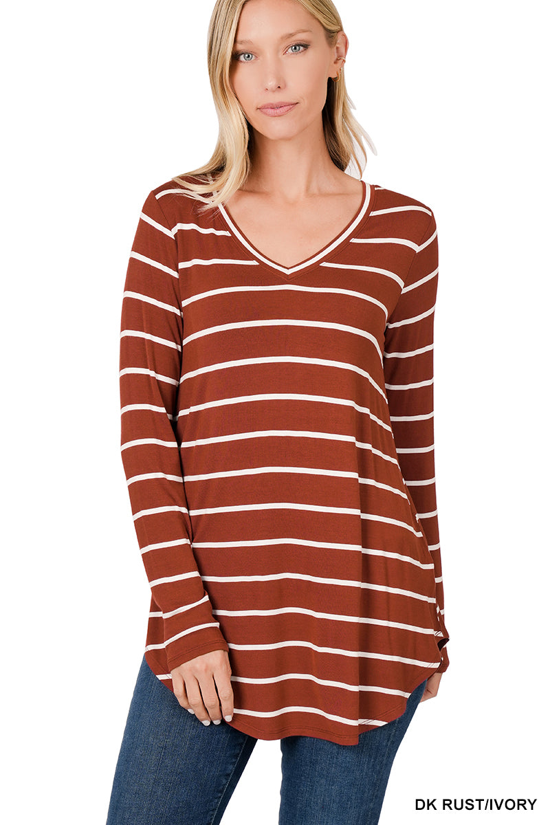 STRIPED V-NECK DOLPHIN HEM TOP