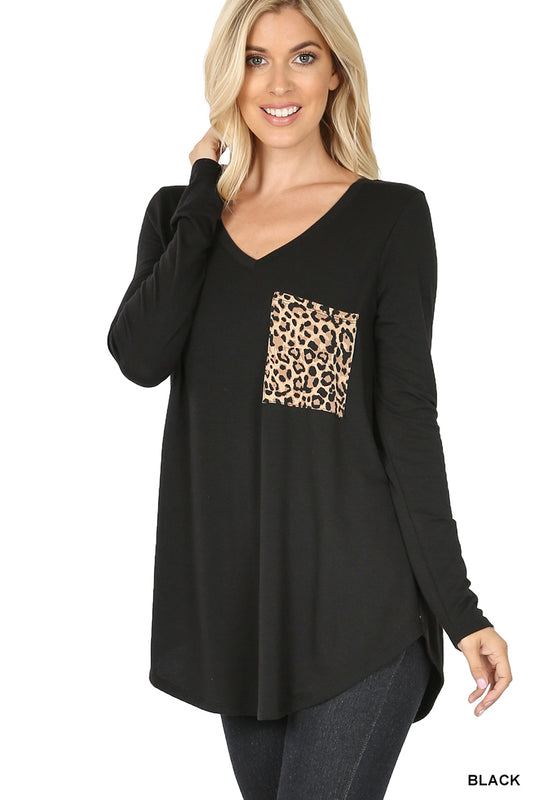 LONG SLEEVE V-NECK LEOPARD PRINT POCKET TOP