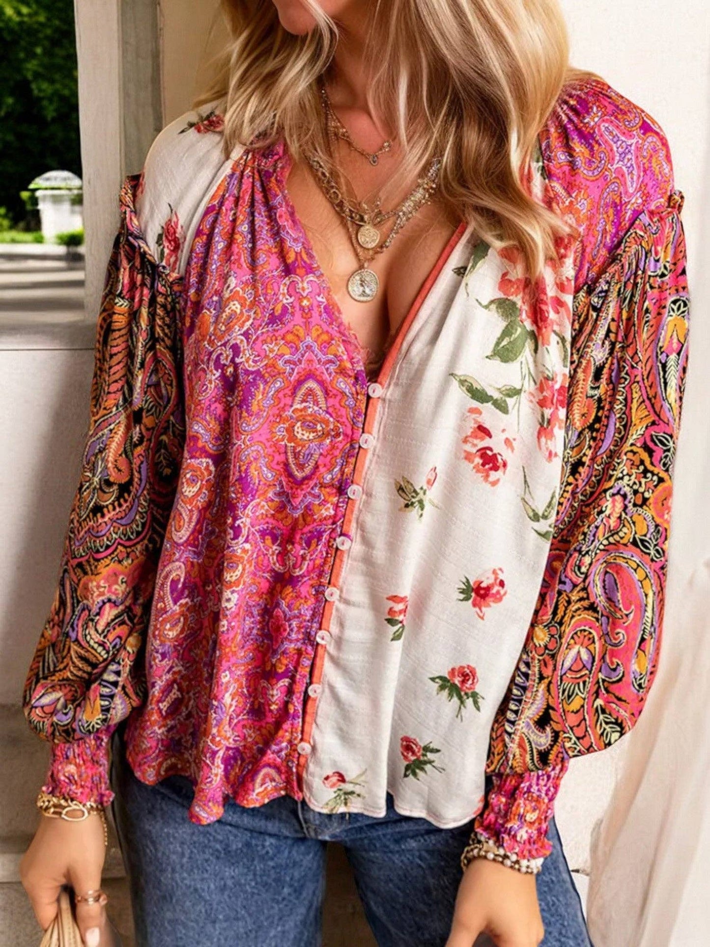 Bohemian Patchwork V-Neck Long Sleeve Blouse