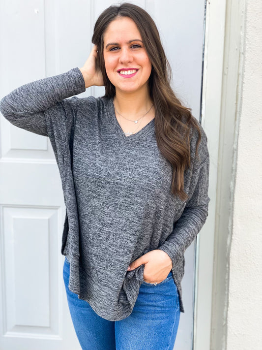 V-Neck Hacci Knit Tunic in Heather Charcoal