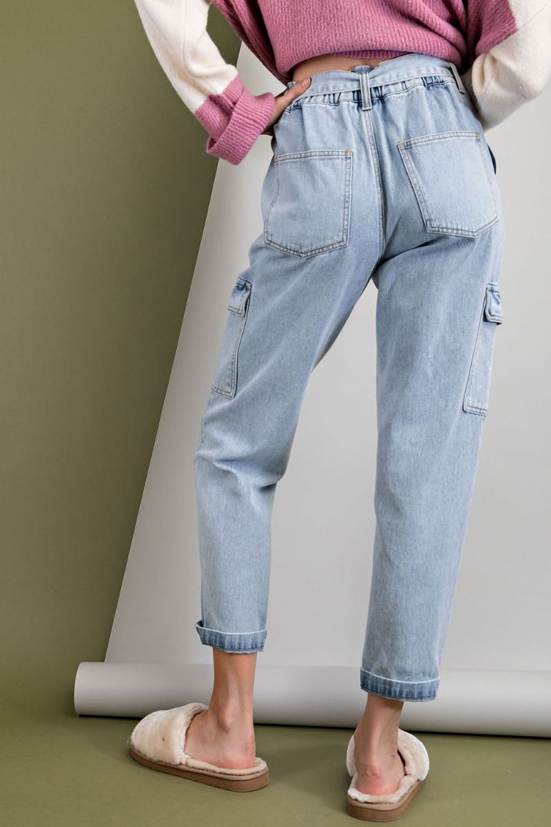 Washed Denim Cargo Pants