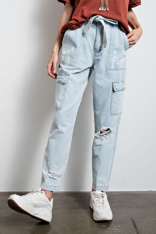 Washed Denim Cargo Pants