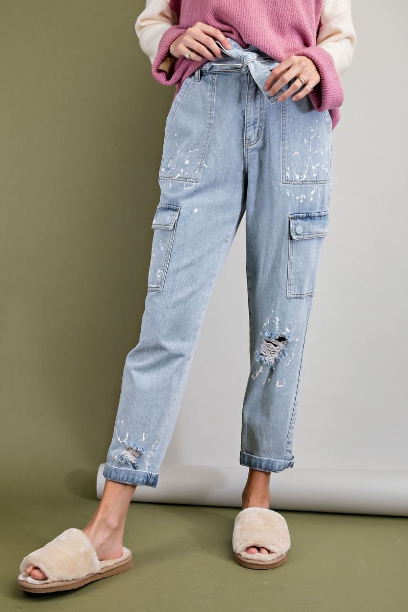 Washed Denim Cargo Pants