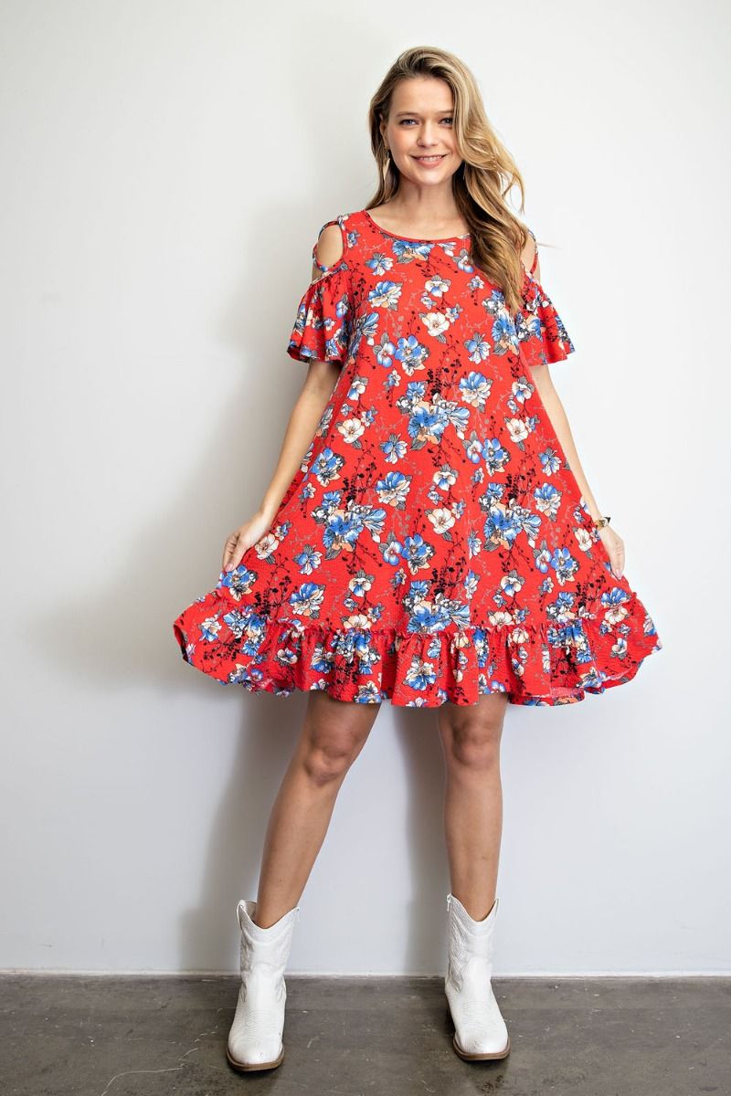 Floral Cold Shoulder Ruffle Dress