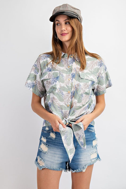 Tropical Button/Tie Front Top